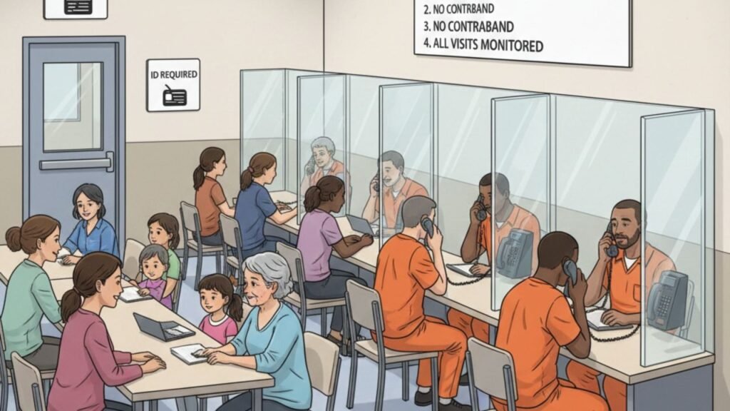 Butler County Jail Visitation Rules showing a visitation area, visiting hours, ID requirements, and secure inmate interactions.