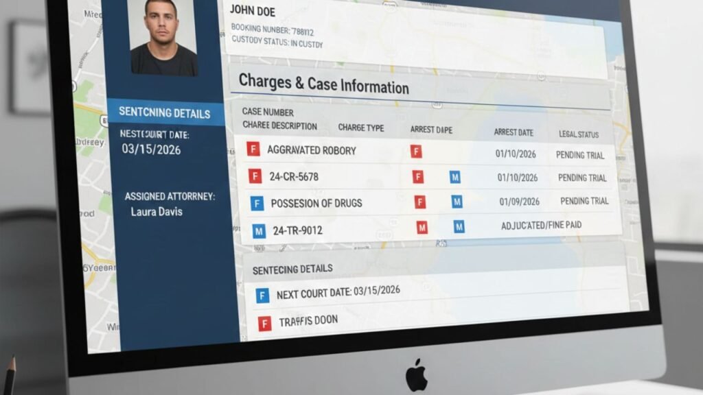 “Butler County Jail inmate profile showing charges, case numbers, arrest dates, and legal status in a clear, organized dashboard.