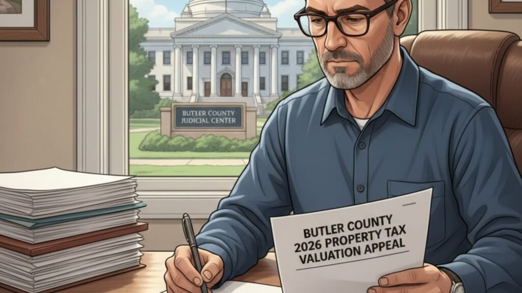 Homeowner reviewing property tax documents and appraisal papers for an appeal for property tax valuation in Butler County 2026